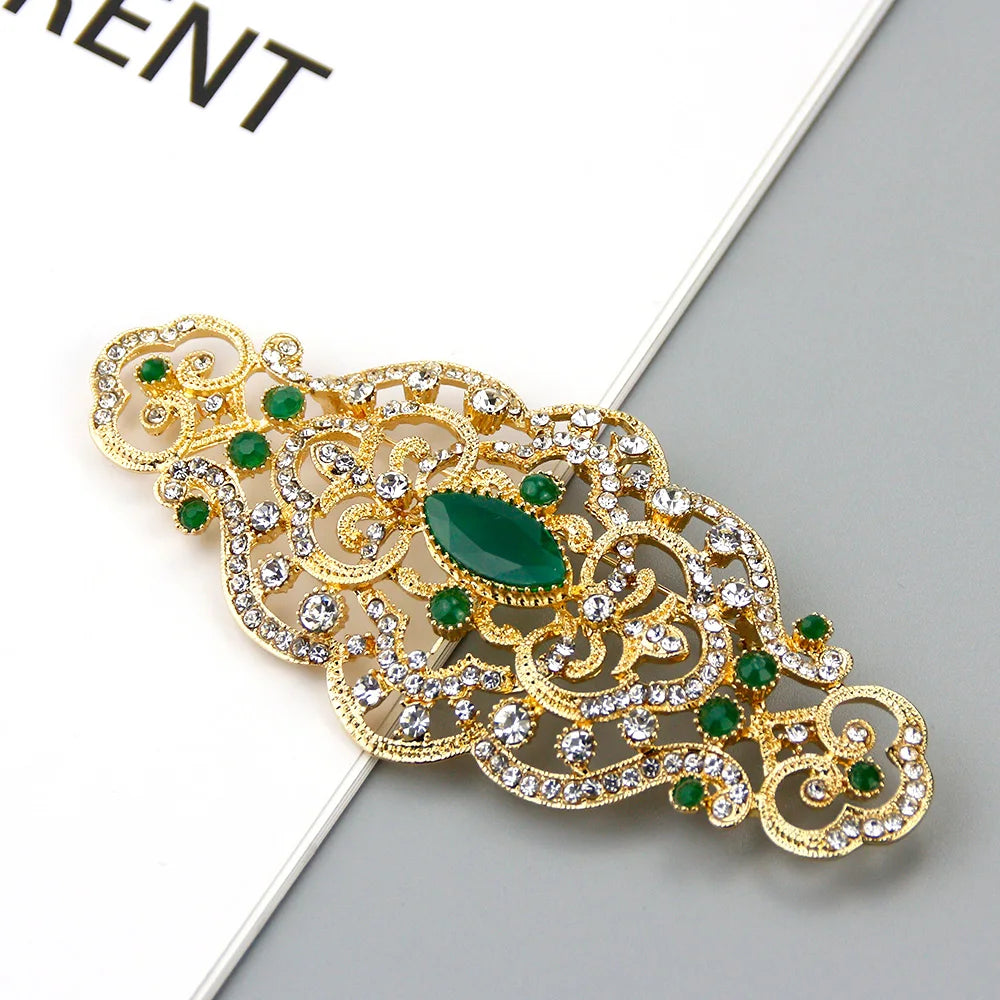 Sunspicems Chic Morocco Crystal Women Brooch Gold Color Arabic Flower Caftan Pins Arabesquitic Wedding Jewelry Dubai Bridal Gift