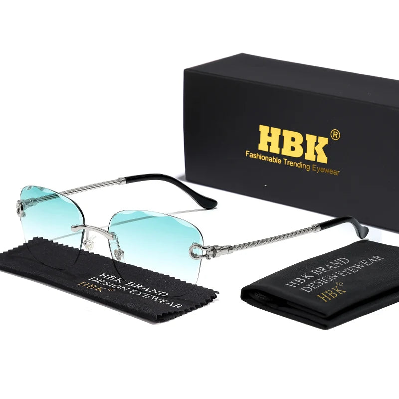 HBK Rahmenlose Metall Sonnenbrille Herren Wellenform geschnitten Sonnenbrille für Damen Reise Shopping Brille UV400 Sommer Stil