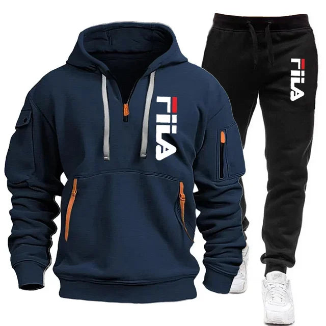Herbst und Winter heiß begehrtes Herren-Kapuzensweatshirt + Freizeithose, zweiteiliges Outdoor-Set mit mehreren Taschen und Sporthose