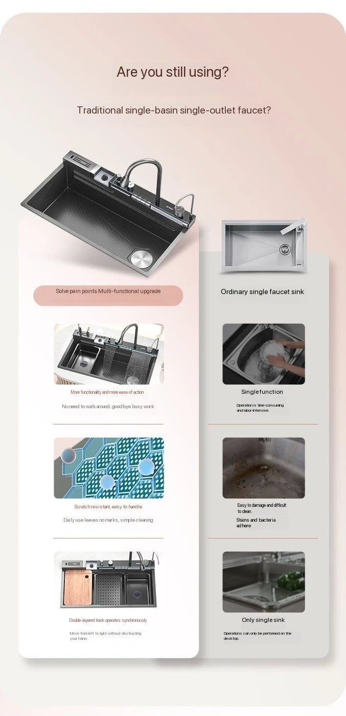 Integrierte Wasserfall-Küchenspüle Waben-Technologie Großes Digitaldisplay Edelstahl-Seifenspender Tassenspüler