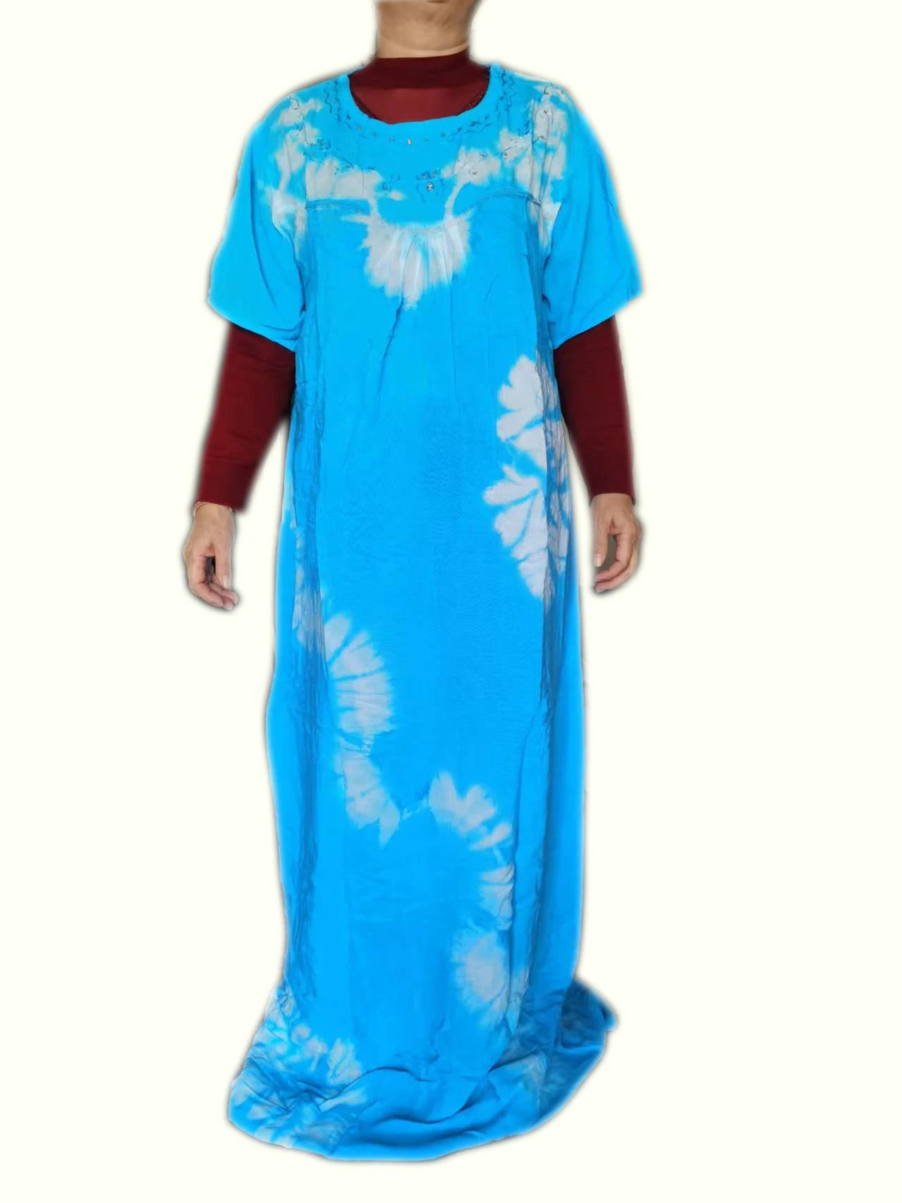 Nouvelle robe musulmane longue ample en pur coton tie-dye avec foulard, broderies scintillantes, respirante et confortable pour l'été 2025