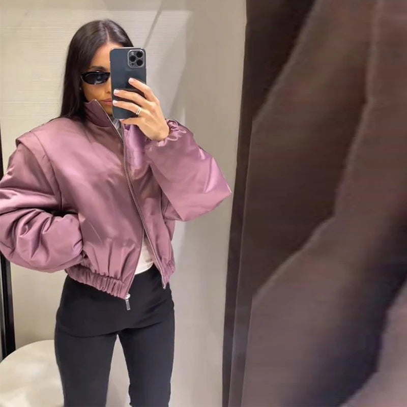 Fashion Y2K Satin Bomberjacke Damen Malve Puffärmel Cropped Reißverschluss Freizeit Jacke 2026 Frühling Lady Chic Street Mäntel Neu