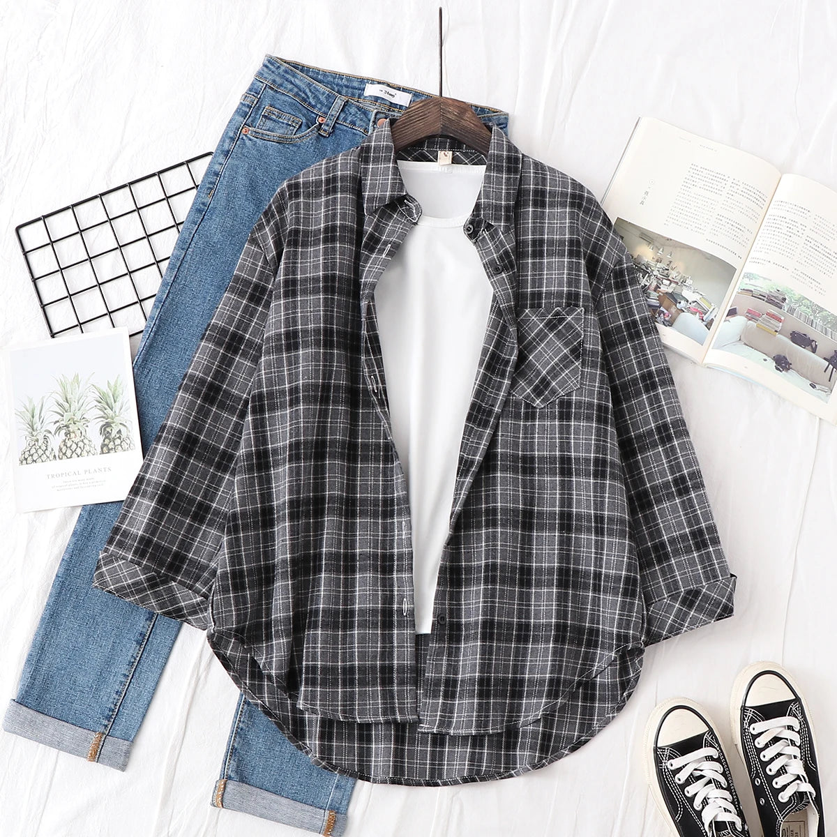2024 Automne Nouvelle Chemise à Carreaux Ample pour Femme Marque Excellente Qualité Blouses et Hauts Design Décontracté Frais Chemises à Manches Longues pour Femme