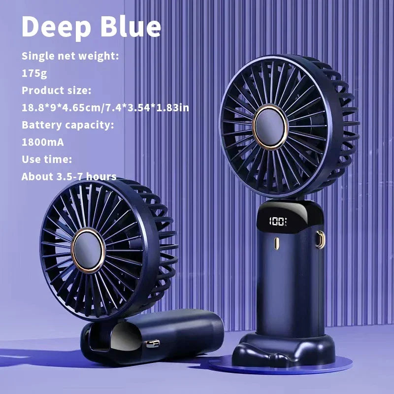 Mini ventilateur portable 3000 mAh pliable, à poser sur un bureau, à suspendre autour du cou, 5 vitesses, rechargeable par USB, support de téléphone, écran d'affichage