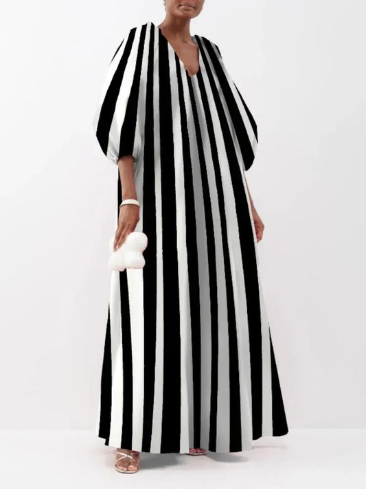 UOOZEE Female Stylish Striped Printed Party Evening Dresses 2025 New Spring Autumn Puff Sleeves Casual Going Out Urban Dress