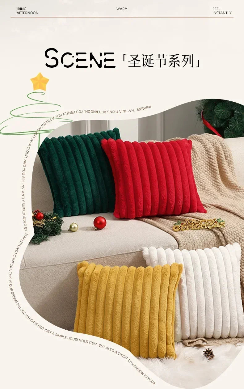 Housse de coussin en fausse fourrure de lapin, housse de coussin moelleuse et douce à rayures, oreillers décoratifs, décoration de luxe pour canapé