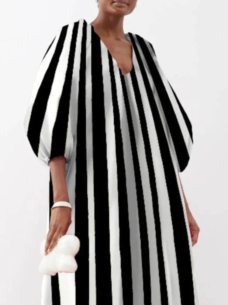 UOOZEE Damen Stylisches gestreiftes Party-Abendkleid 2025 Neues Frühling Herbst Puffärmel Lässiges Ausgeh-Kleid Urban