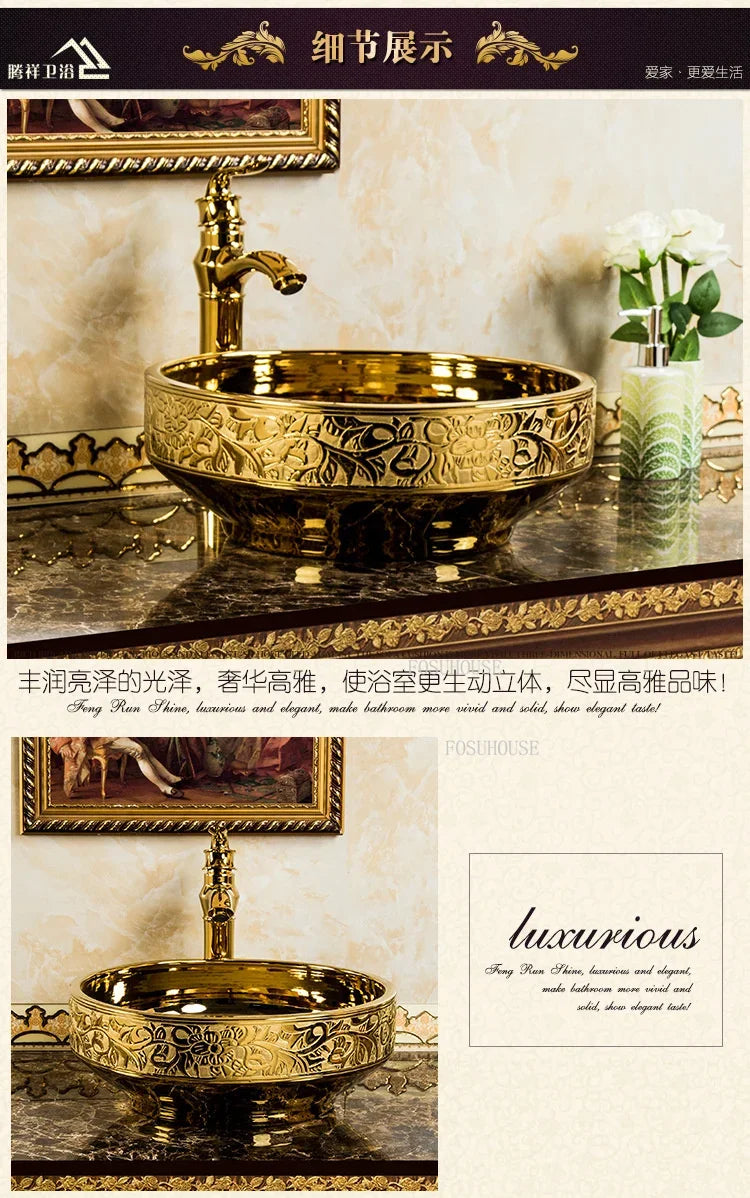 A17 Éviers de Salle de Bain de Luxe Dorés Céramique Maison Lavabo Créatif Toilettes Rondes Au-dessus du Comptoir Simple Salle de Bain Accesoire