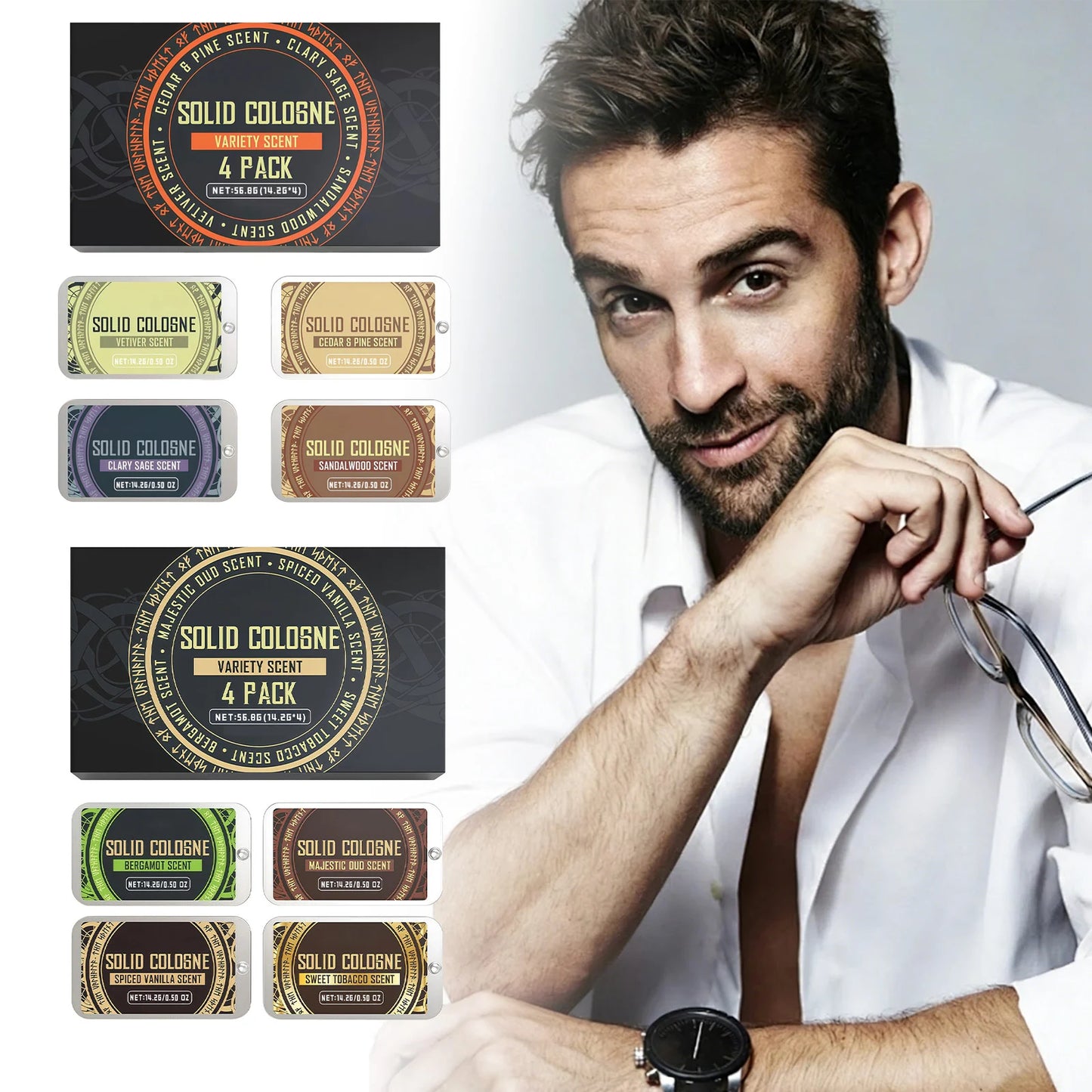 4In1 Pheromon Festes Kölnisch Wasser Set Holziger Duft Lang anhaltender natürlicher Duft Verströmt Charme und Selbstvertrauen Taschen-Deodorant Festbalsam