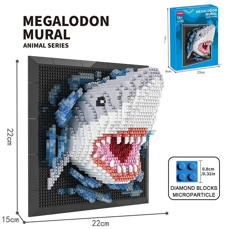 Blocs de construction 3D Tête de monstre de requin Murale Blocs de construction muraux DIY Pendentif animal Décoration murale Sculpture à suspendre Décoration d'intérieur Jouets Cadeau