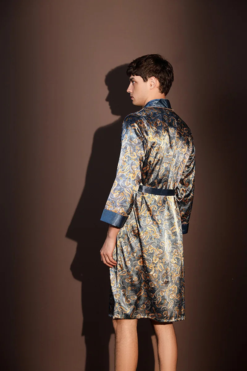 Peignoir d'été fin pour hommes, Robe de nuit de haute qualité, Peignoir une pièce, Vêtements d'intérieur masculins, Pyjama en soie glacée imprimé de grande taille pour homme, printemps