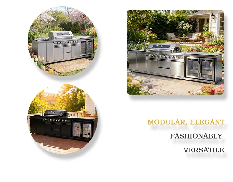 Cuisines d'extérieur modernes modulaires fonctionnelles en acier inoxydable avec grill, plaques de cuisson, évier, réfrigérateur et LED pour patio et jardin.