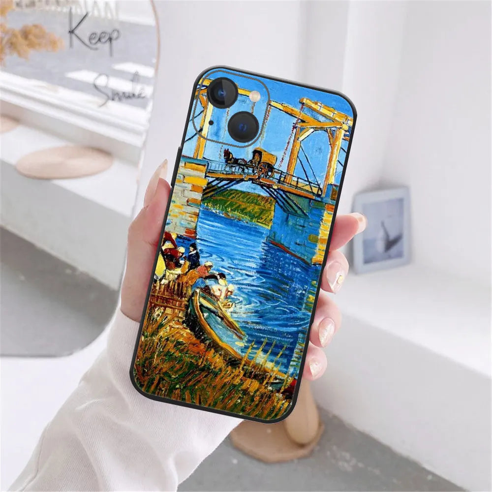 Art Van Gogh Sternenklare Sonnenblume Handyhülle für iPhone 11 12 13 14 15 16 17 Pro Max 17AIR 14 15 16 Plus Schwarze Weiche Silikonhülle