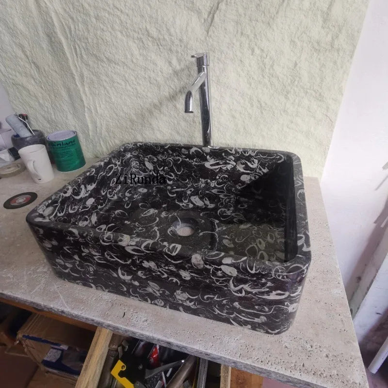 Natural marble sea shell flower basin, black shell wash basin, light luxury stone sink customization