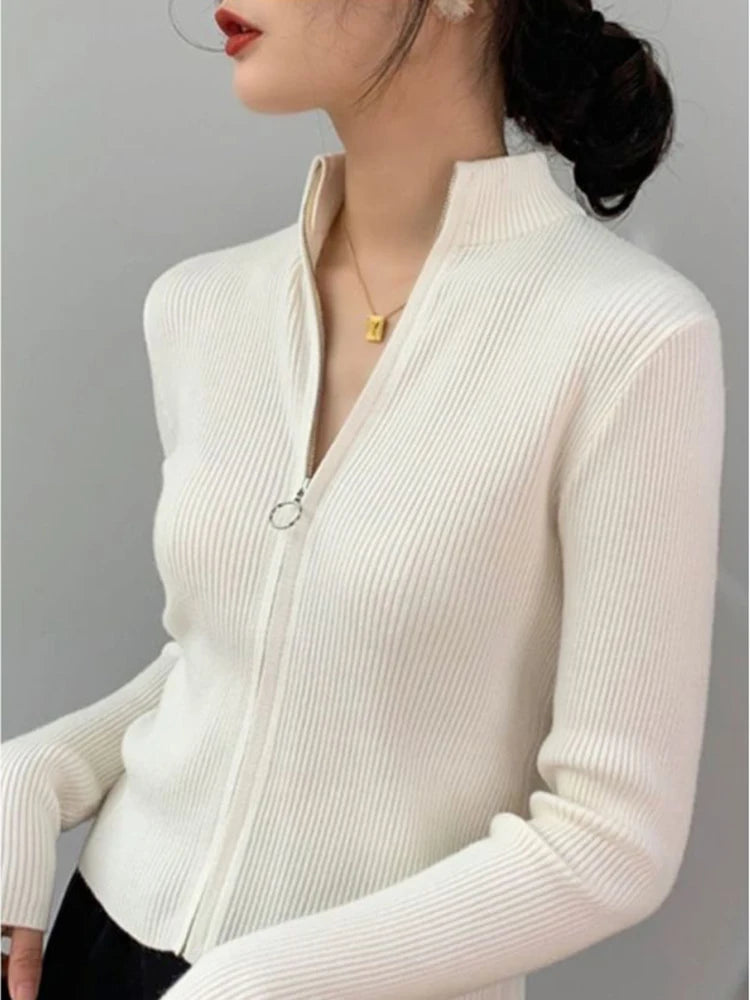 Frühling Herbst Reißverschluss Cardigan Damen Pullover Gestrickt Langarm Stehkragen Oberteile Koreanische Mode Kurzer Pullover für Damen