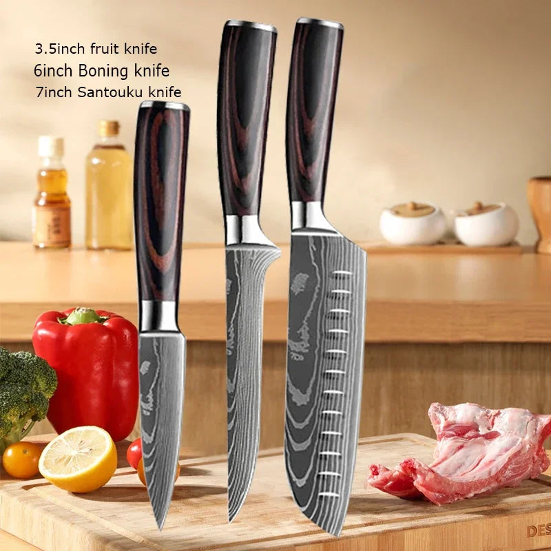 Couteau de Chef Damas Ensemble de Couteaux de Cuisine Professionnels Couteau à Désosser Couteau de Boucher Couteau Utilitaire Couteau Santoku Japonais avec Housse