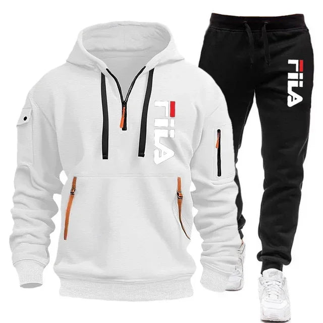 Herbst und Winter heiß begehrtes Herren-Kapuzensweatshirt + Freizeithose, zweiteiliges Outdoor-Set mit mehreren Taschen und Sporthose