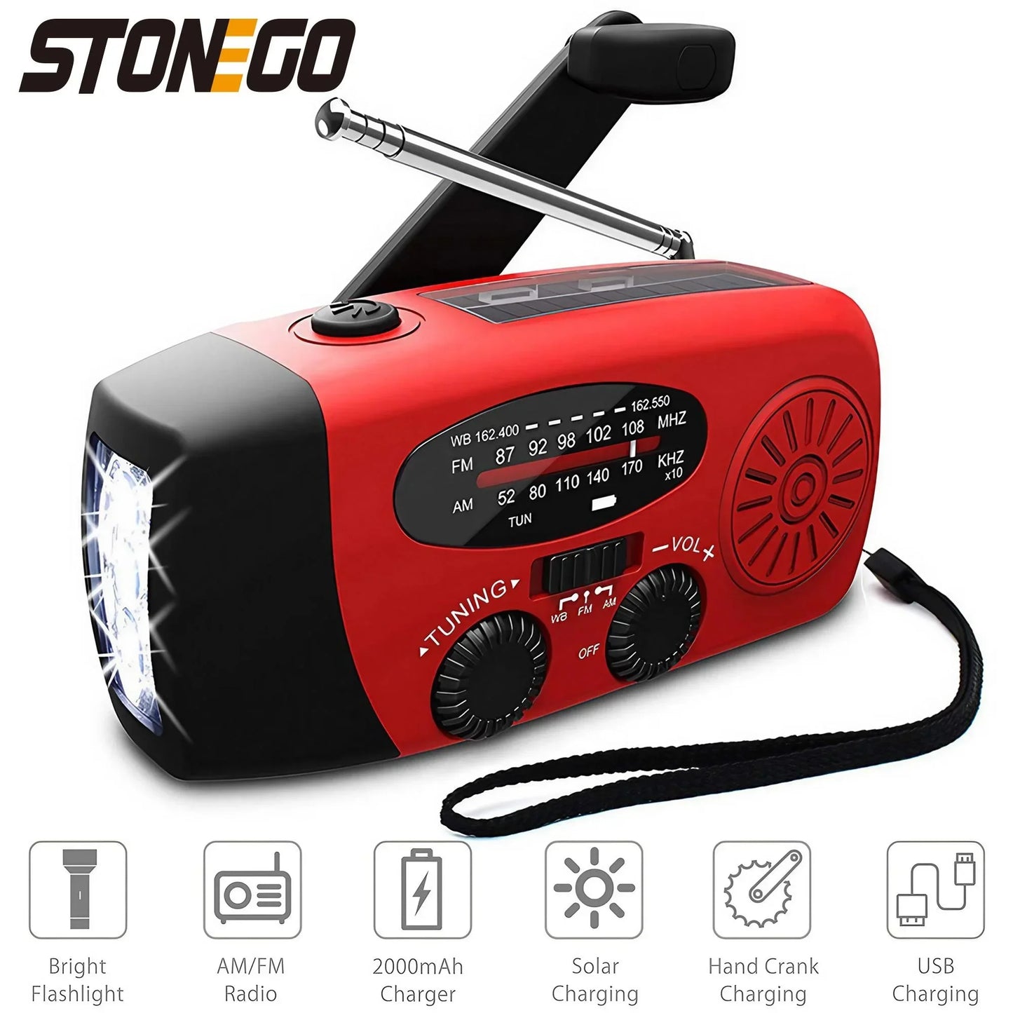Wetterradio Notfall Multifunktionales Radio FM AM WB Handkurbel Solar USB-Ladefunktion 2000mAh Powerbank LED Taschenlampe