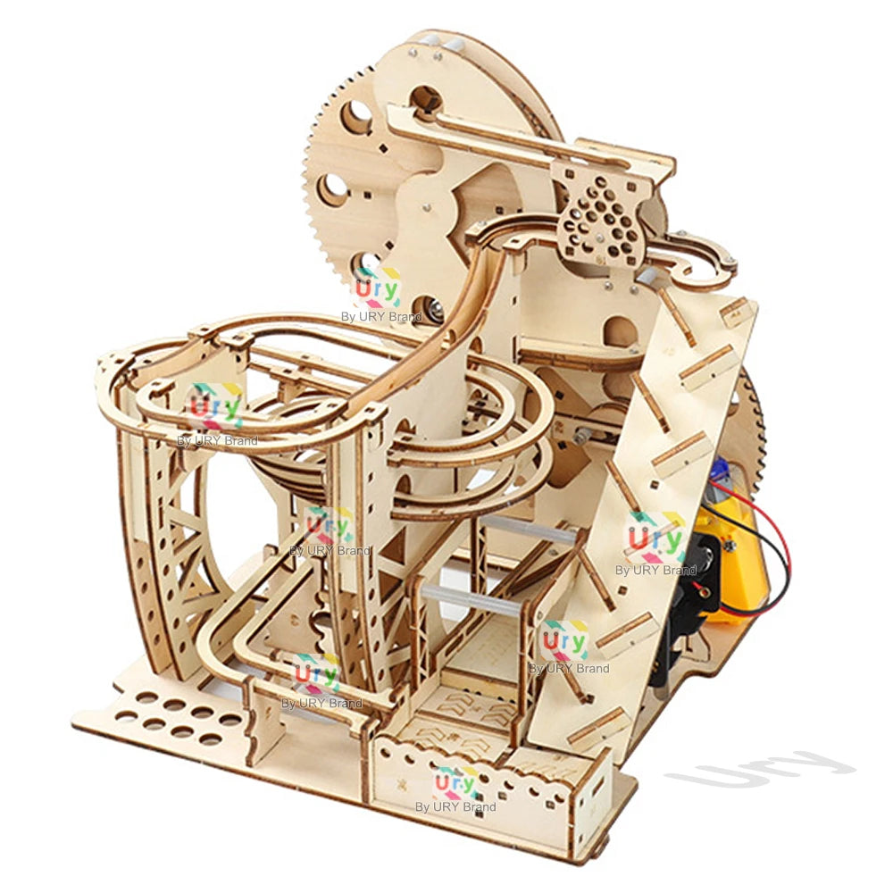 Ury 3D Wooden Puzzles Electric Marble Run Set Catapult Track Device Mechanical Model Science Balls Maze Assembly Gift for Kids