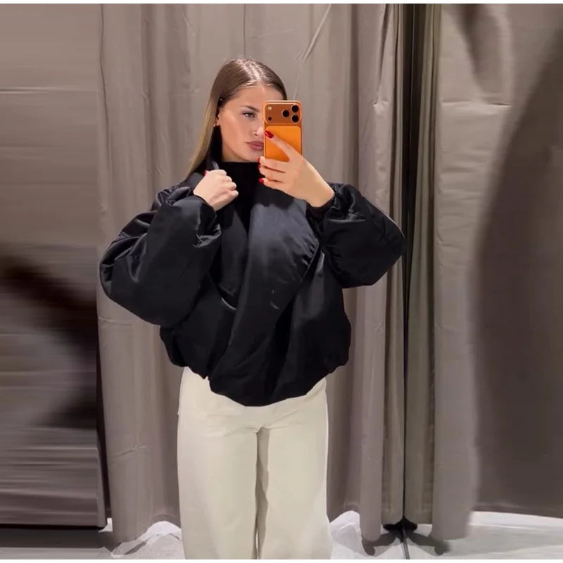 Fashion Y2K Satin Bomberjacke Damen Malve Puffärmel Cropped Reißverschluss Freizeit Jacke 2026 Frühling Lady Chic Street Mäntel Neu