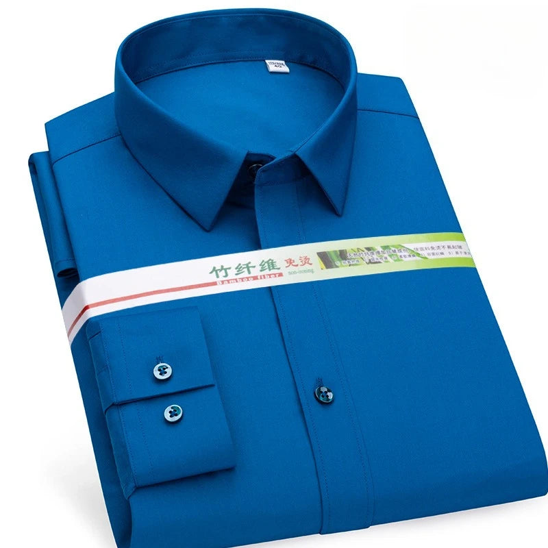 Chemise de Travail Blanche Homme en Fibre de Bambou Bleue 8XL Manches Longues Bureau Affaires Anti-rides Infroissable Décontractée