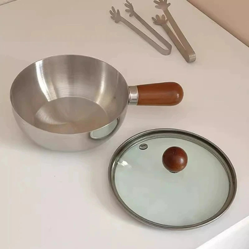 1 mini-casserole en acier inoxydable avec poignée en bois, compacte et multifonctionnelle pour chauffer le lait, frire les œufs, pour la maison et la cuisine