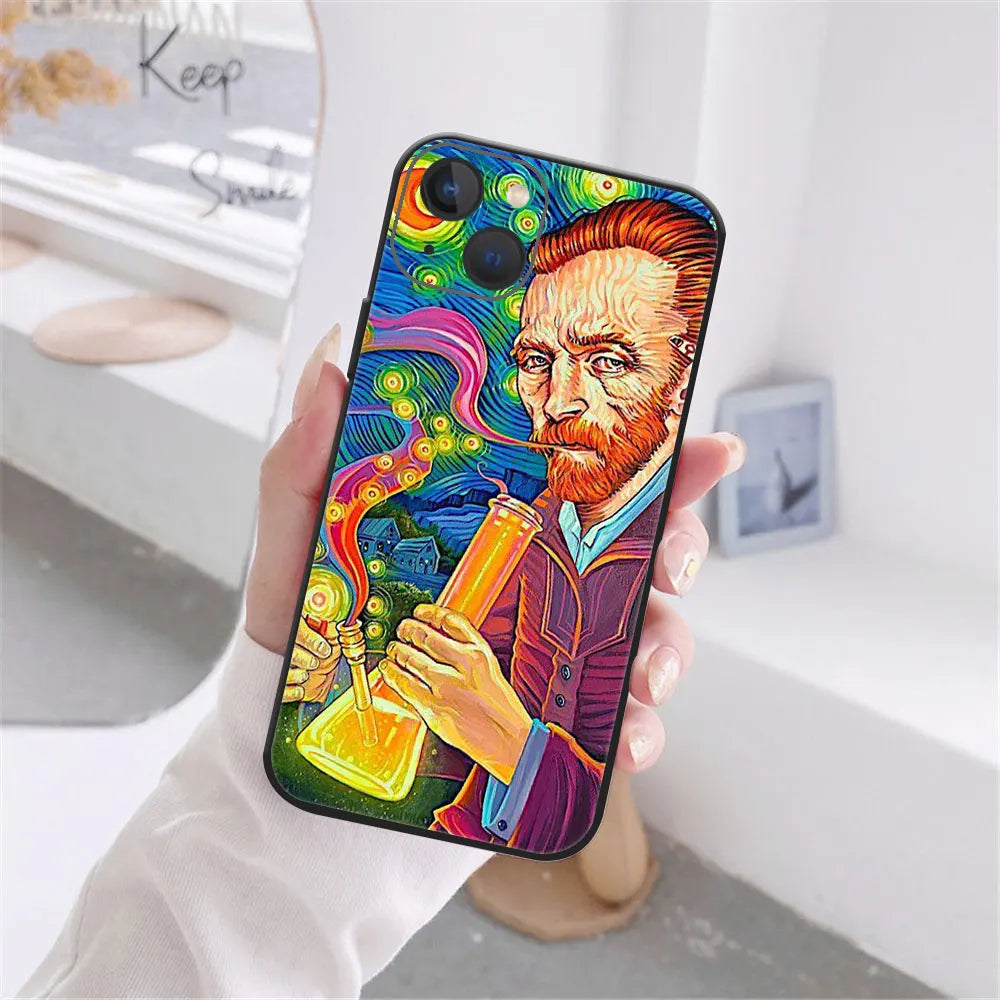 Art Van Gogh Sternenklare Sonnenblume Handyhülle für iPhone 11 12 13 14 15 16 17 Pro Max 17AIR 14 15 16 Plus Schwarze Weiche Silikonhülle