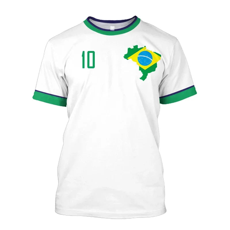 T-shirts de football Brésil Simples Mode d'été Manches courtes T-shirts imprimés drapeau brésilien 3D Hauts de sport décontractés Vêtements pour hommes