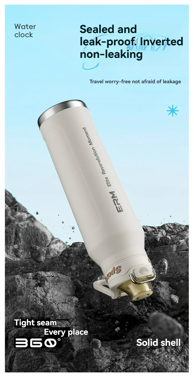 Bouteille d'eau isotherme chaude et froide en acier inoxydable, double paroi portable avec poignée, tasse de sport d'extérieur