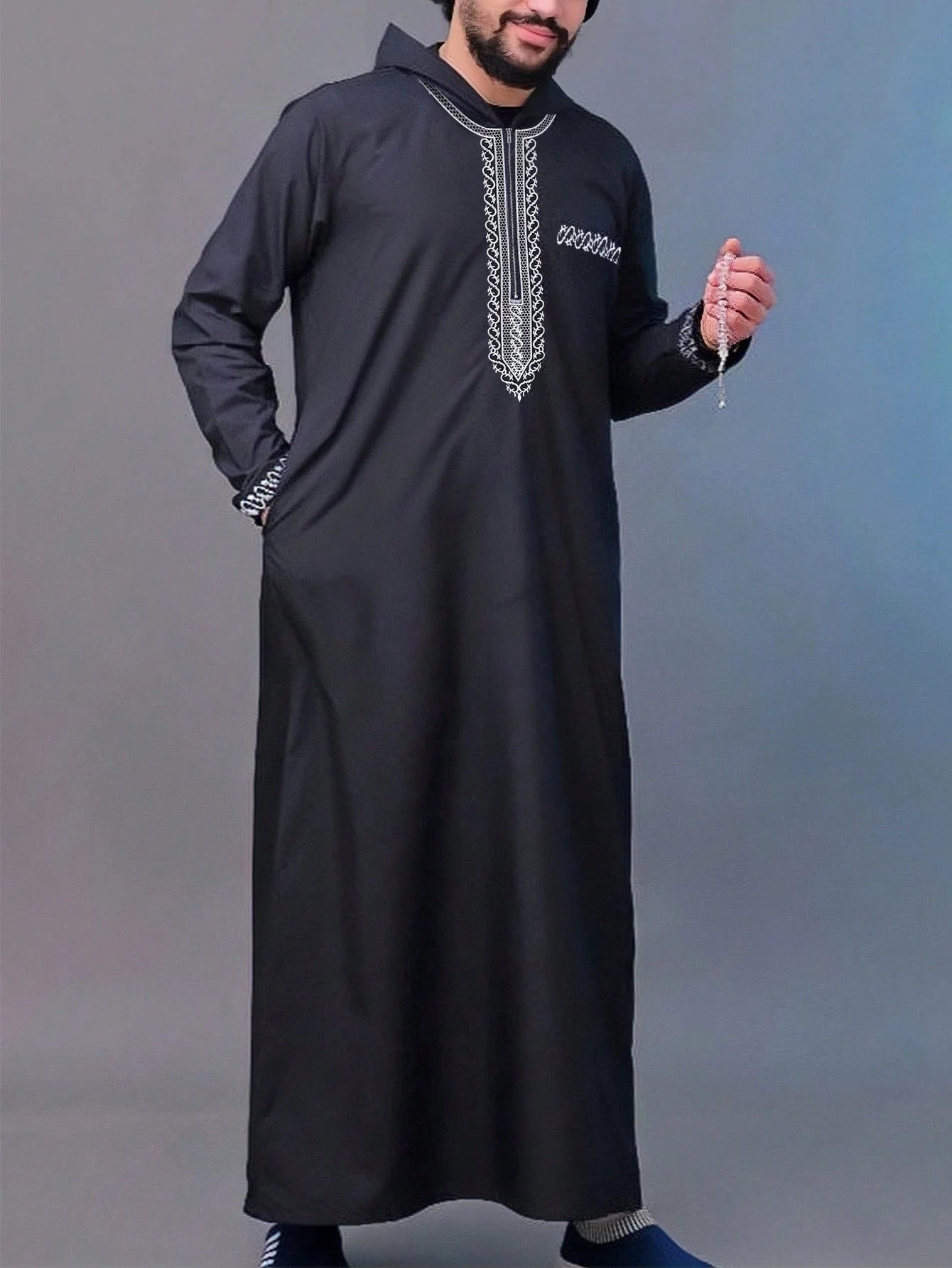 Thobe marocain pour hommes, manches longues, style ethnique brodé, col montant, fermeture éclair, abaya arabe tendance pour hommes musulmans