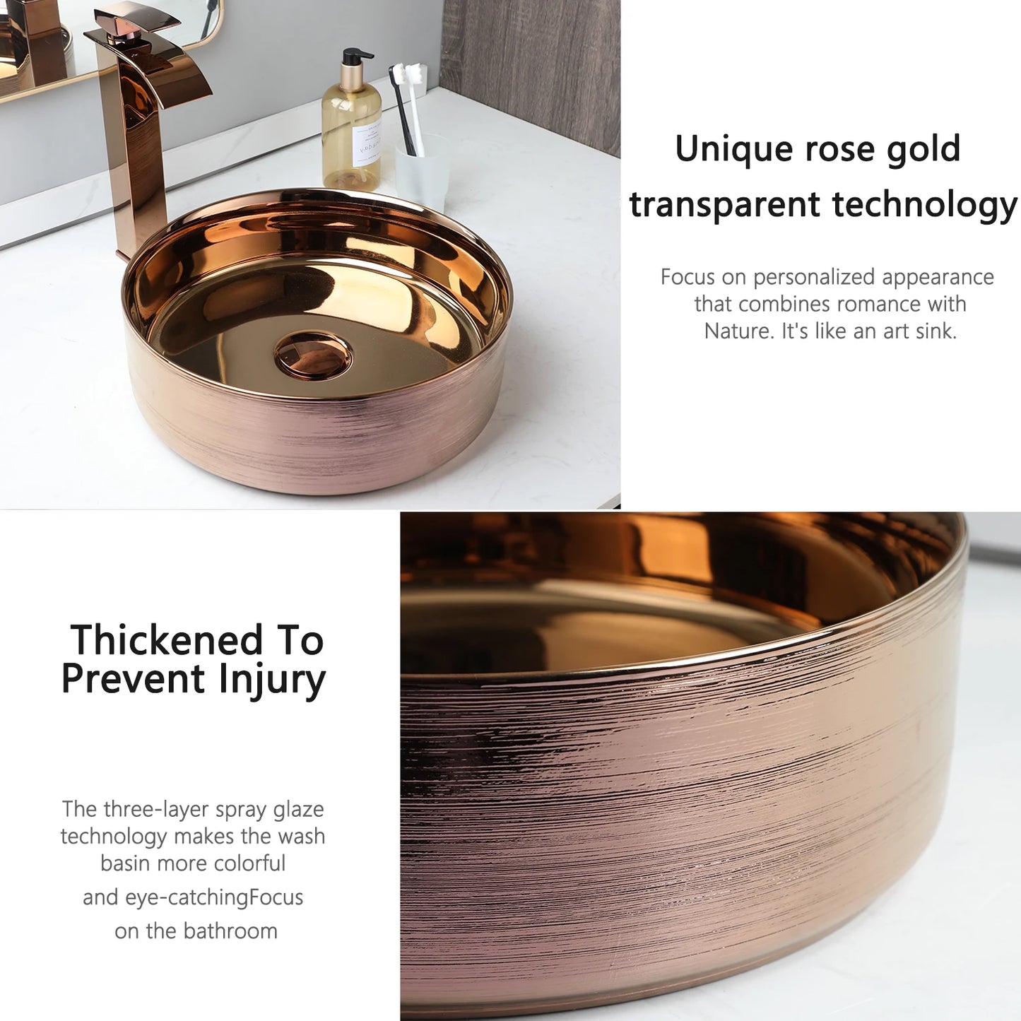 YANKSMART Gold Runder Keramik Waschbecken Wasserhahn Goldener Einhandmischer Wasserfallarmatur mit Pop-up-Ablaufgarnitur Set