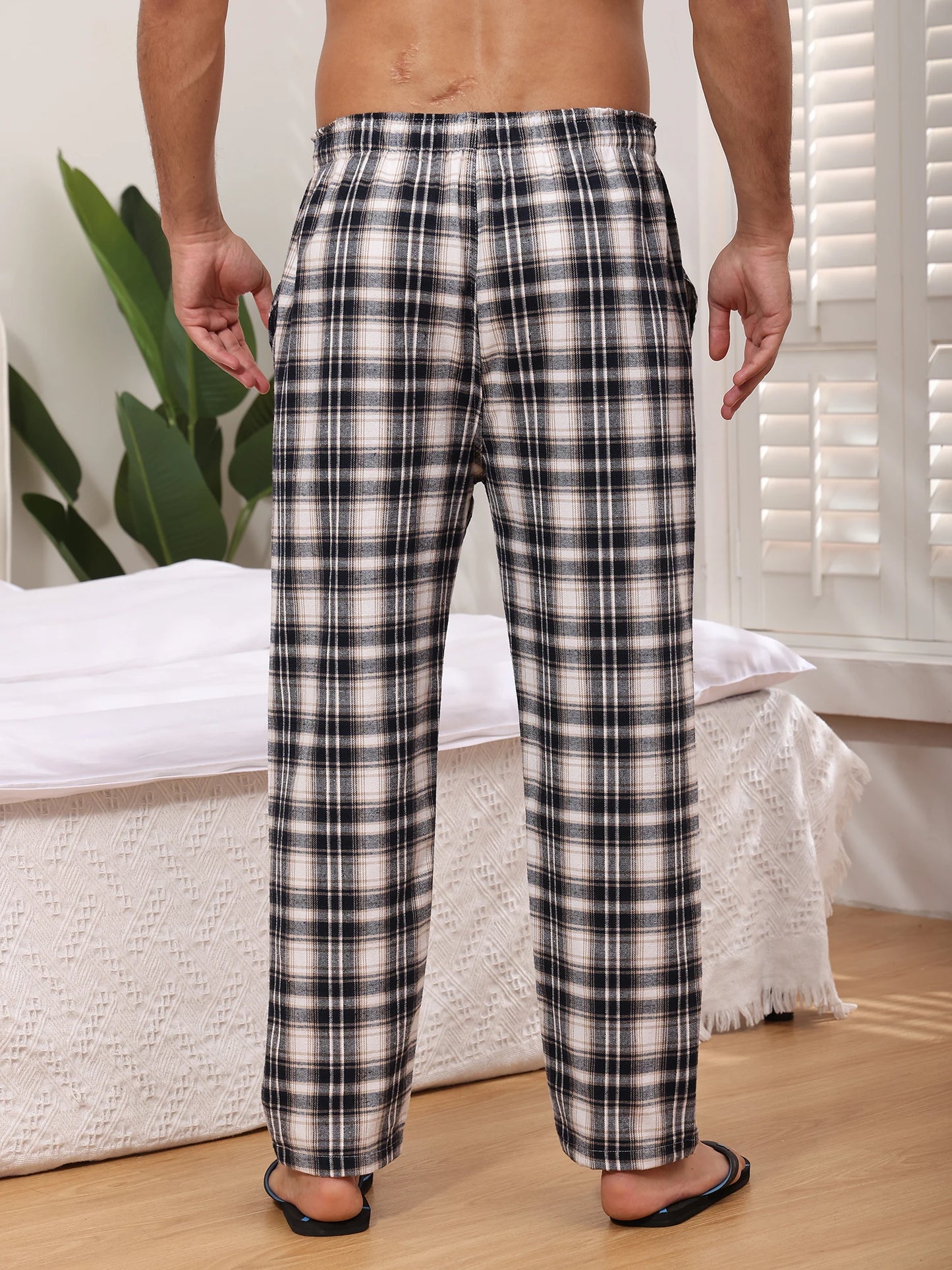 Pyjama Homme 3 Pièces Coton Carreaux, Pantalon de Pyjama Long Carreaux avec Taille Élastique pour Homme