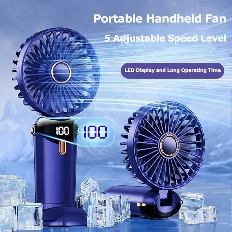 Mini ventilateur portable 3000 mAh pliable, à poser sur un bureau, à suspendre autour du cou, 5 vitesses, rechargeable par USB, support de téléphone, écran d'affichage
