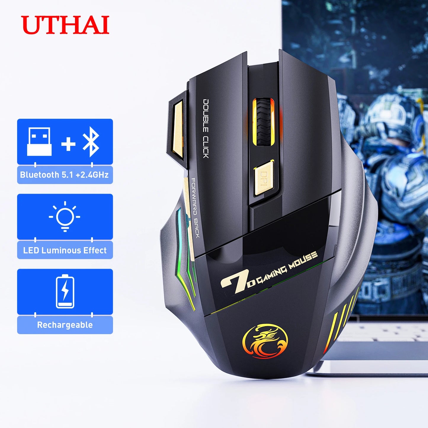 UTHAI GW-X7 Laptop Zubehör 7-Tasten Double Tap Free 2.4G Silent Wiederaufladbare Bunte Atmende Licht Drahtlose Gaming Maus