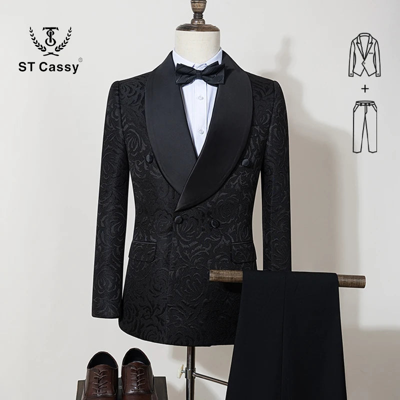 Luxus 2-teiliger Anzug Herren Party Outfit High-End Zweireiher Business Casual Anzug Bräutigam Hochzeitskleid Schalkragen