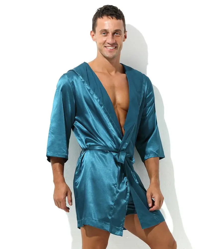 Sexy Nachtwäsche Herren Bademäntel Weich Seidig Kurzarm-Nachthemd Herren Hauskleidung Morgenmantel Herren Schlafanzug (Ohne Shorts)