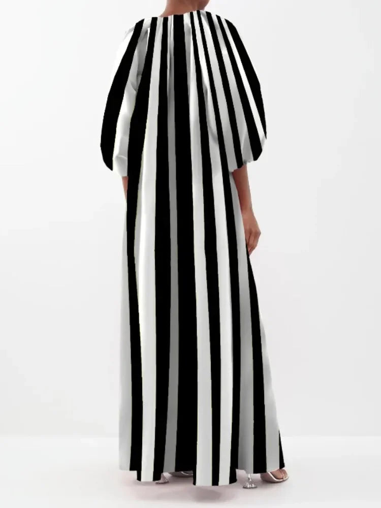 UOOZEE Damen Stylisches gestreiftes Party-Abendkleid 2025 Neues Frühling Herbst Puffärmel Lässiges Ausgeh-Kleid Urban