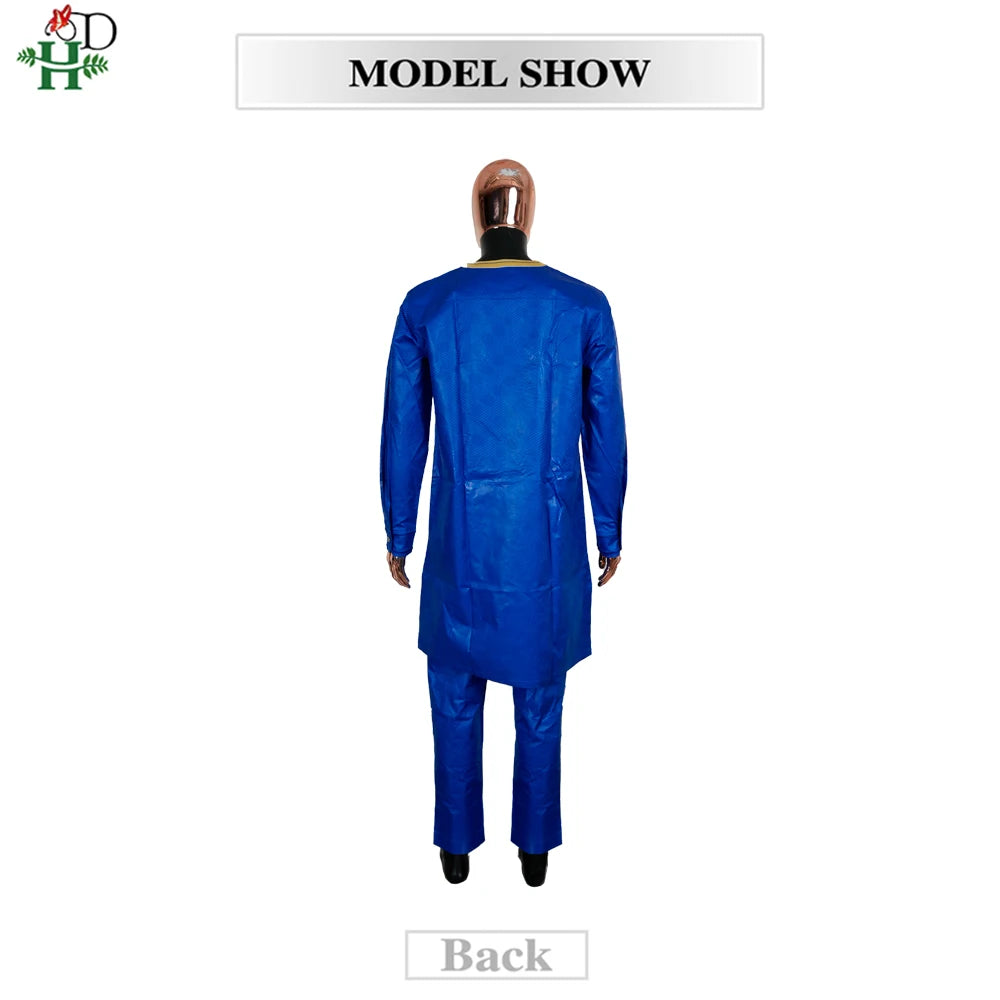 H&D Nouveaux Vêtements Africains pour Hommes Tradition Vêtements Broderie Bleu Ensemble 2 Pièces Haut Pantalon Bazin Musulman Mariage Fête Dashiki