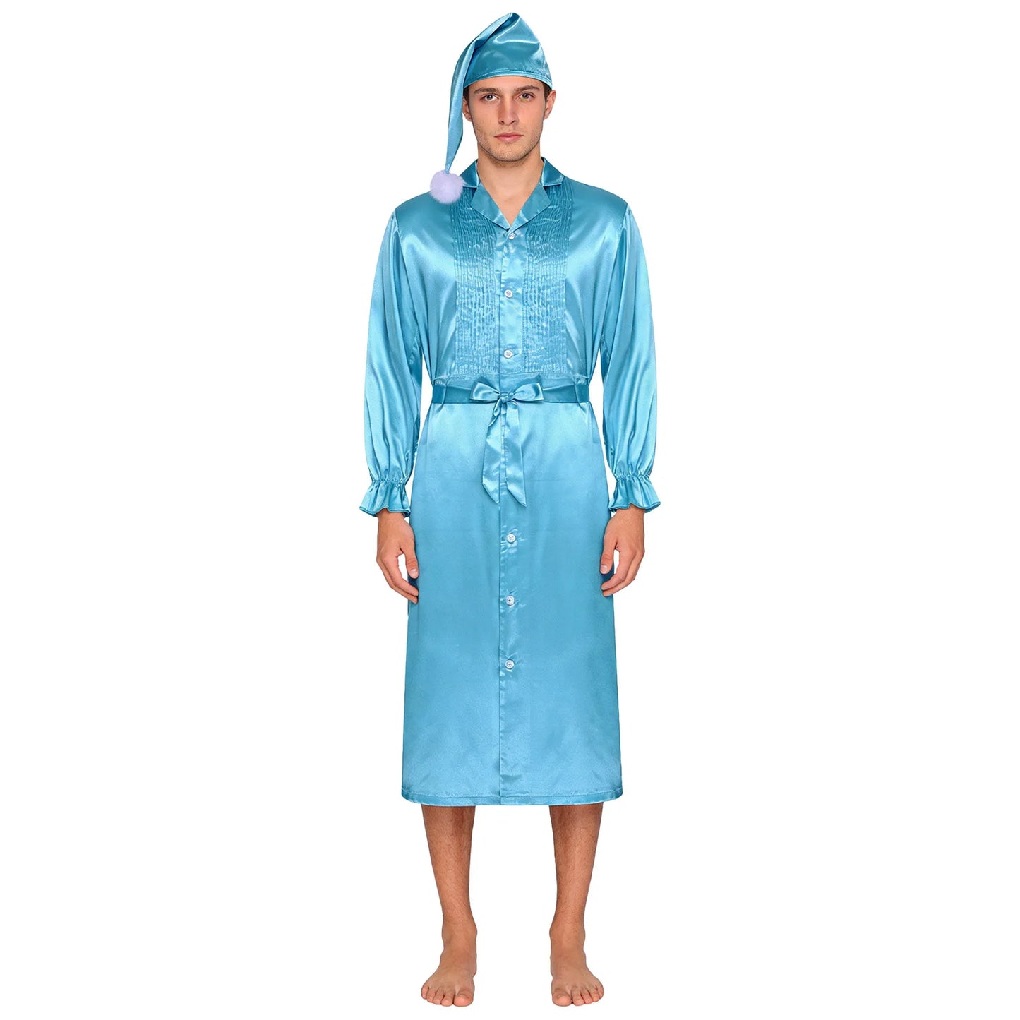 Herren Sissy Pyjama Satin-Nachtwäsche Nachthemd mit Schlafhaube Langarm Rüschenmanschetten Plissierter Brustumhang mit Gürtel Vintage