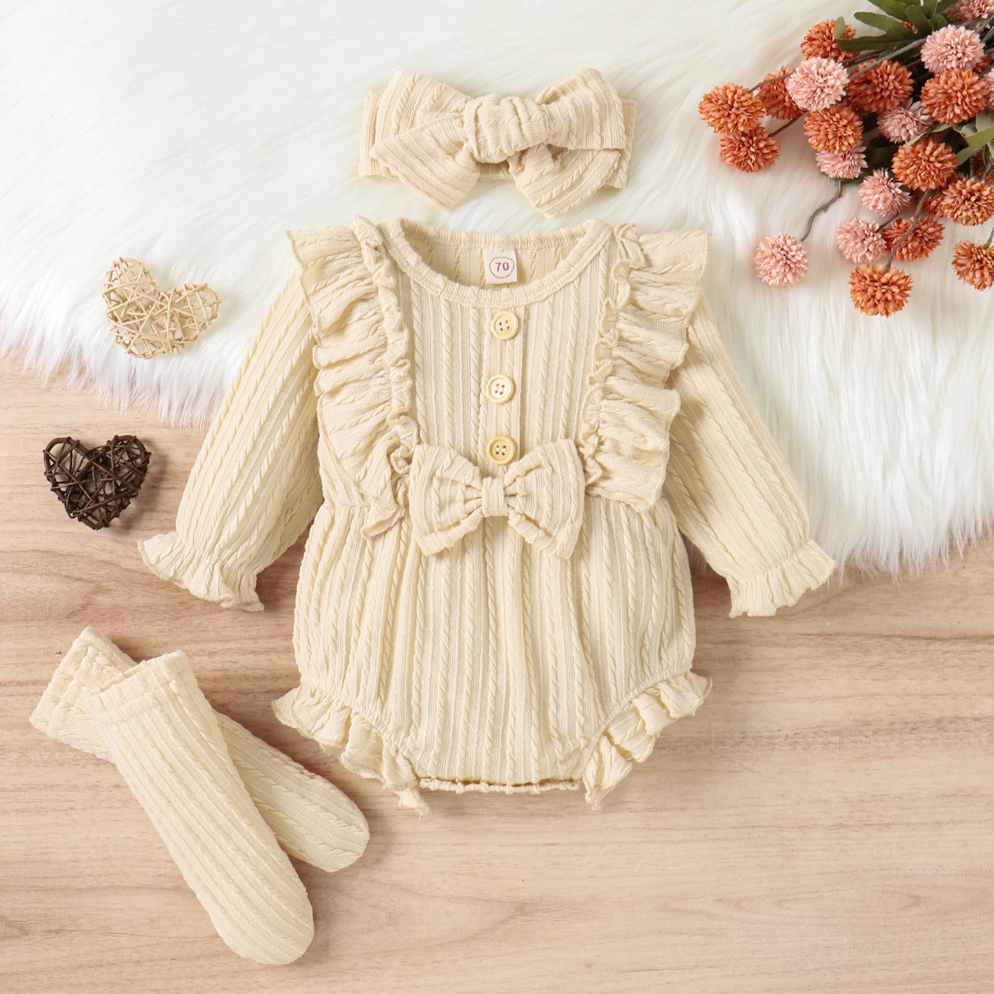 Ensemble 3 pièces printemps automne pour bébés filles, barboteuse à manches longues boutonnée avec volants + chaussettes + bandeau
