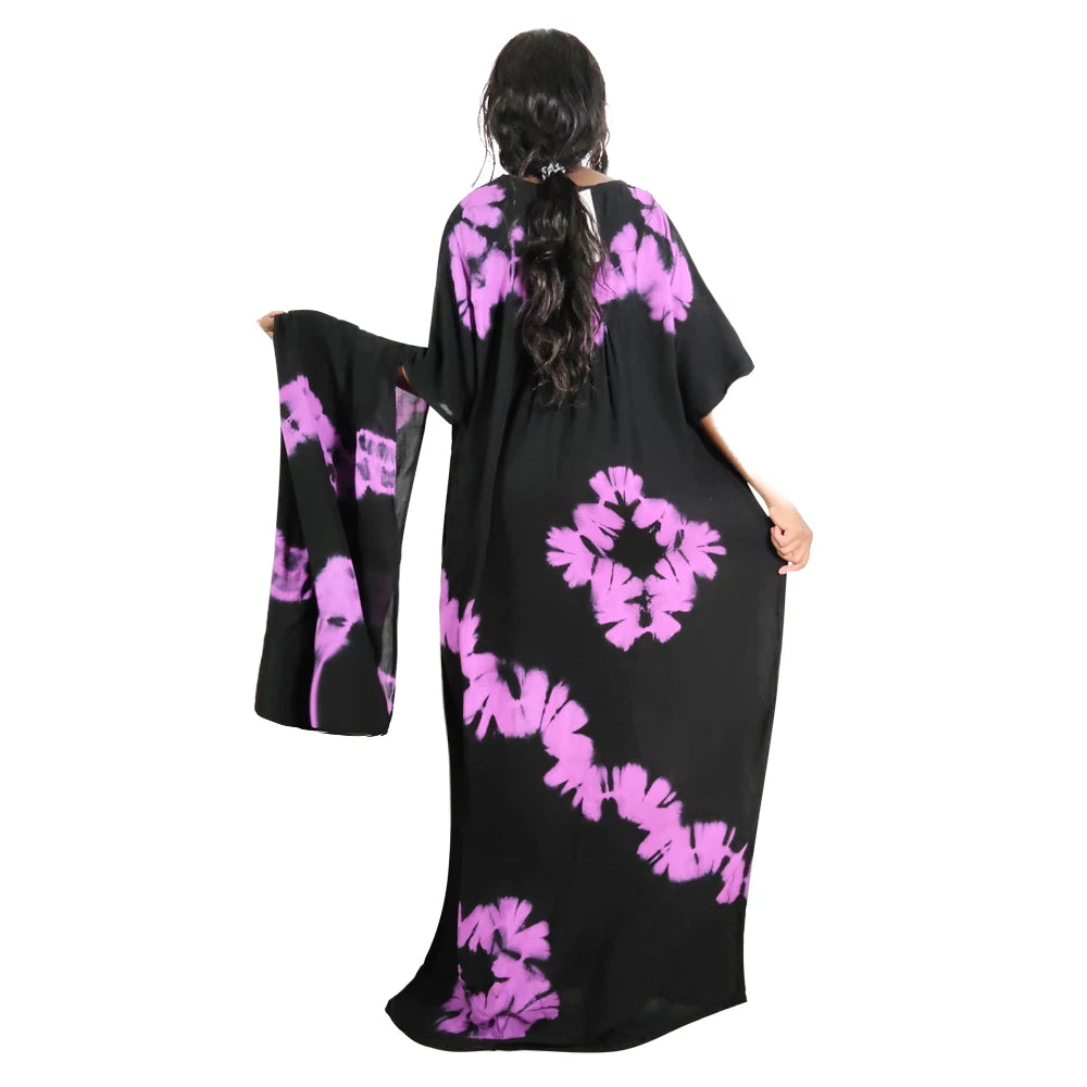 Nouvelle robe musulmane longue ample en pur coton tie-dye avec foulard, broderies scintillantes, respirante et confortable pour l'été 2025