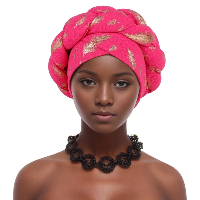 Afrikanische Bronzierung Kopfwickel Zopf Turban Kappen für Frauen Nigeria Hochzeit Geles Party Kopfbedeckung Haarteil Auto Gele Weibliche Kopfbedeckungen