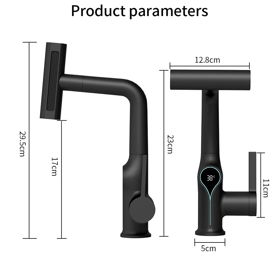 Robinet de lavabo numérique avec affichage de la température Cascade, pulvérisateur à jet relevable haut et bas, mélangeur chaud/froid pour salle de bain
