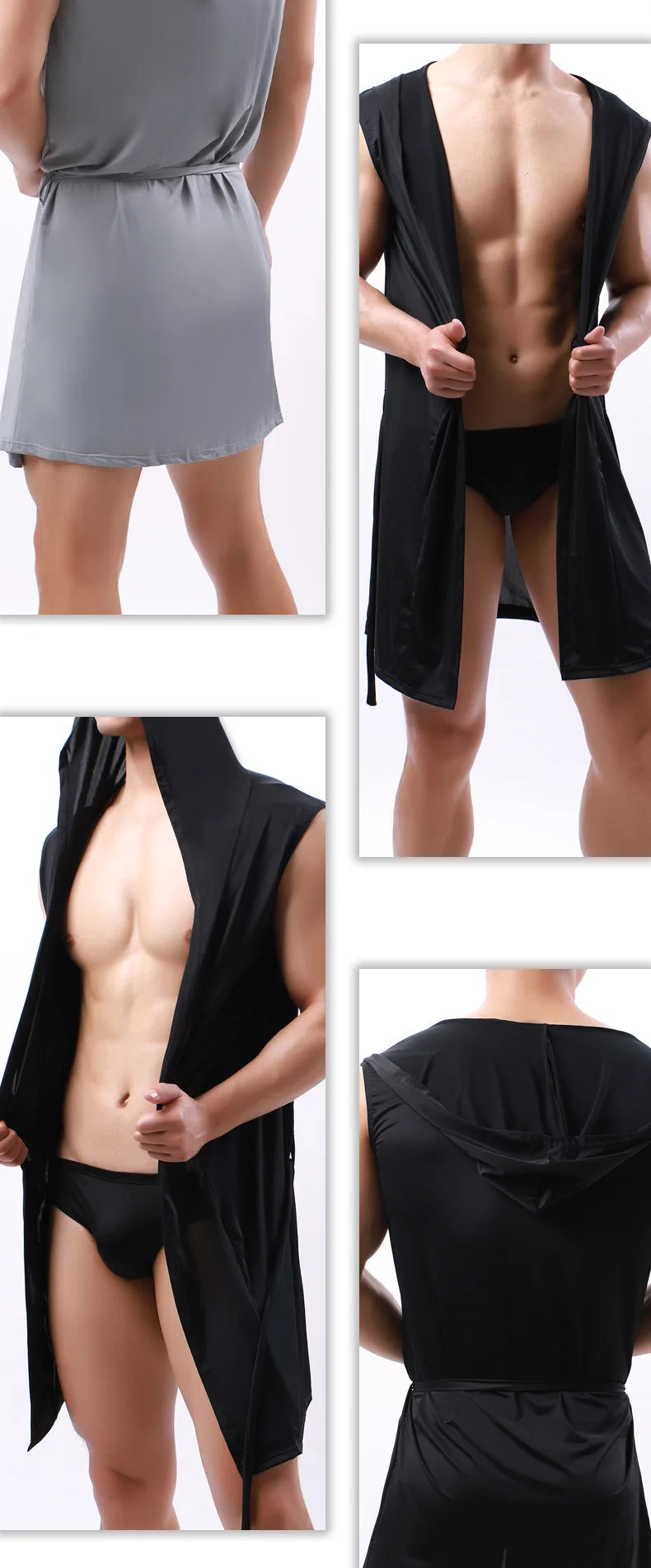 Sexy Nachtwäsche Herren Bademäntel Weich Seidig Ärmelloses Nachthemd Herren Homewear Morgenmantel Herren Pyjamas (Keine Shorts)