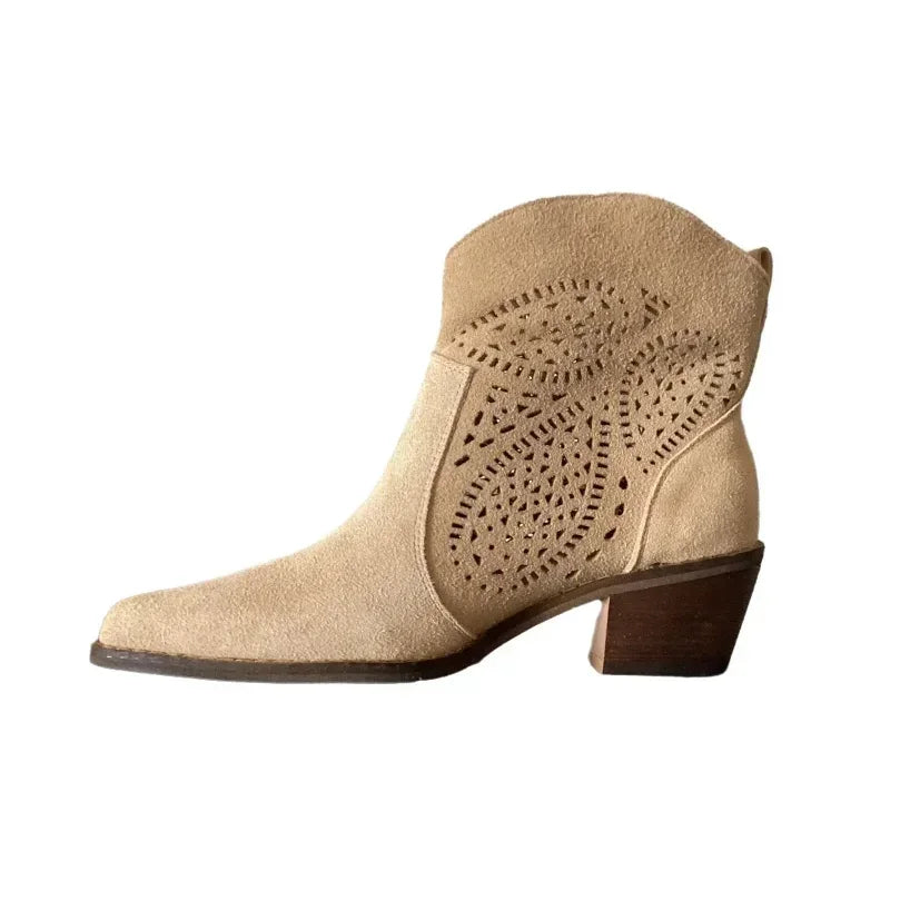 Bottes Chelsea pour femme en suède de vache à bout pointu et talon épais, bottines cousues, chaussures d'hiver, bottes western pour femme, printemps automne