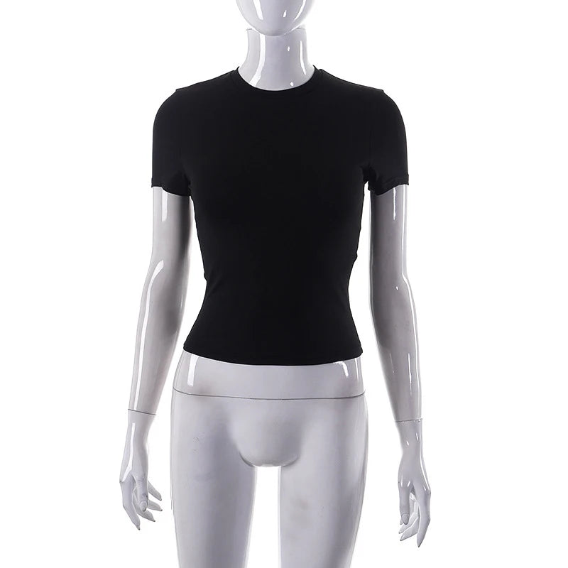 2025 Printemps Nouveau T-shirt à Manches Courtes Femme Uni Simple Décontracté Doux Polyvalent Chaud Basique Crop Tops Tees Mode d'Été