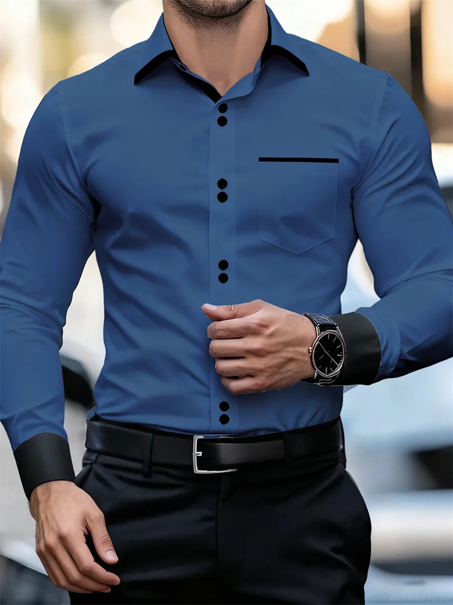 Chemise à manches longues et col color block pour hommes, coupe slim, infroissable, chemise patchwork noire et blanche, haut de mode pour hommes