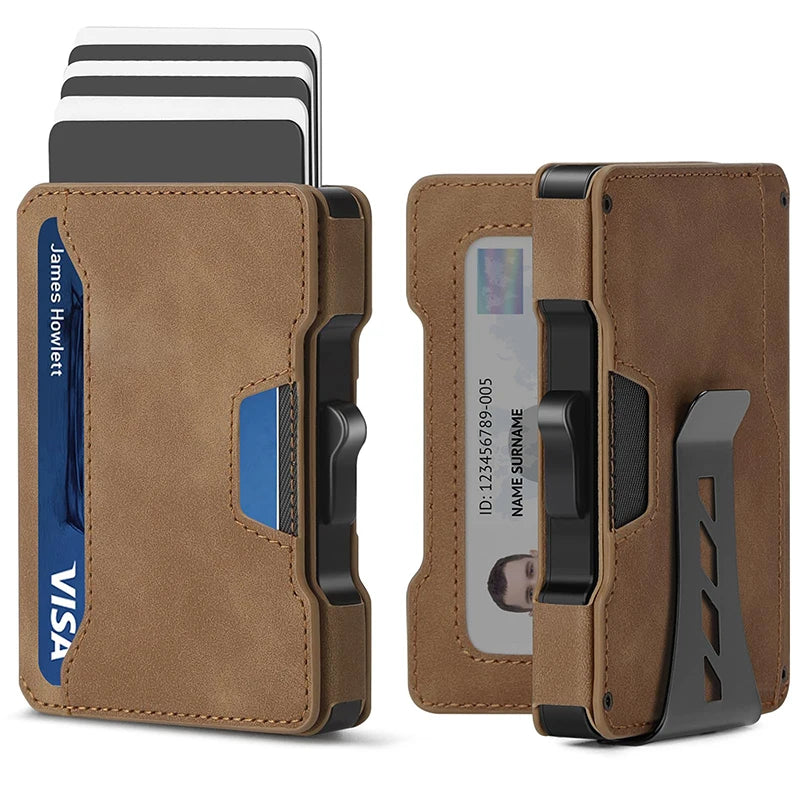 Aluminium Pop-Up-Kartenetui und Lederfächer Kreditkartenhalter RFID-blockierende Brieftasche für Herren mit Geschenkbox