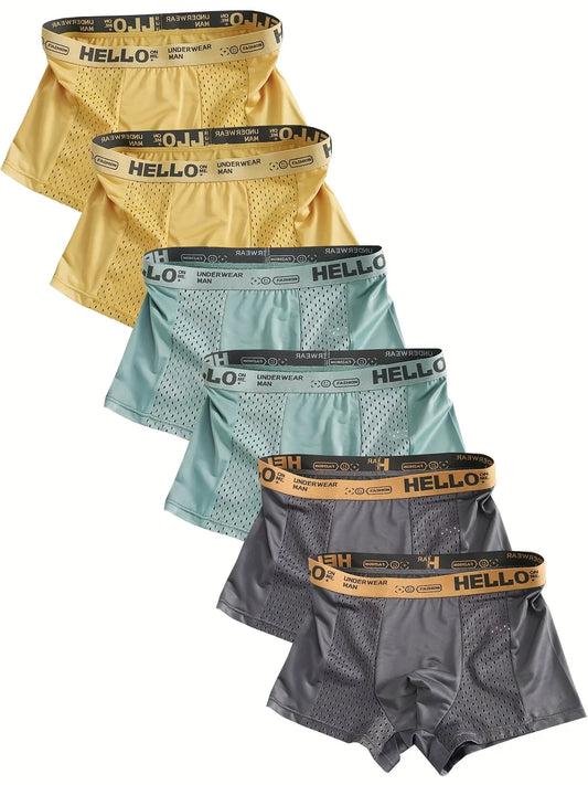 6-Pack Men's Underwear Semi-Mesh Boxers Shorts- "HELLO" Waistband, Lightweight Soft and Breathable Men's Underpants