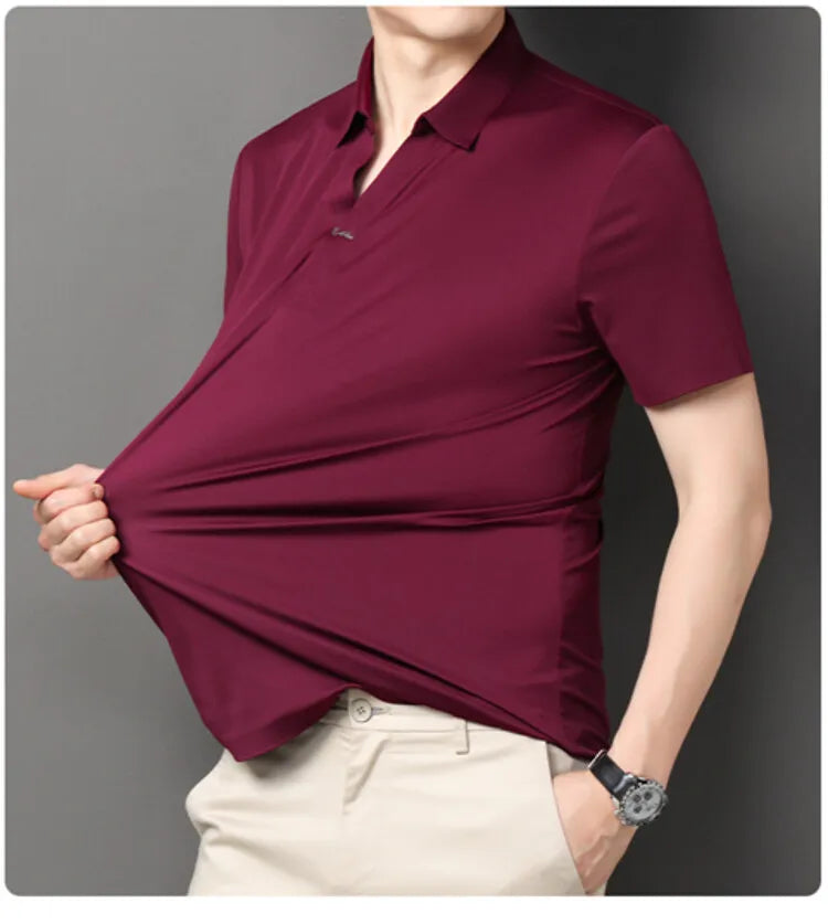 Polo 2024 de haute qualité, extensible et élastique, Chemise à manches courtes pour hommes, style décontracté, Col en V sans coutures, Polo pour hommes M-4XL